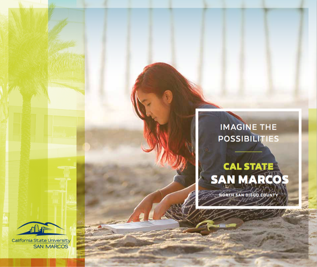 CSUSM Brochure cover photo of student studying at beach