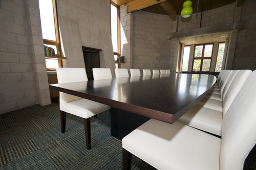 McMahan House Library, long boardroom table with white chairs
