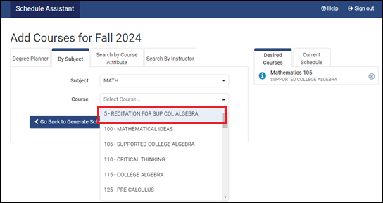 math 5 in schedule assistant drop-down
