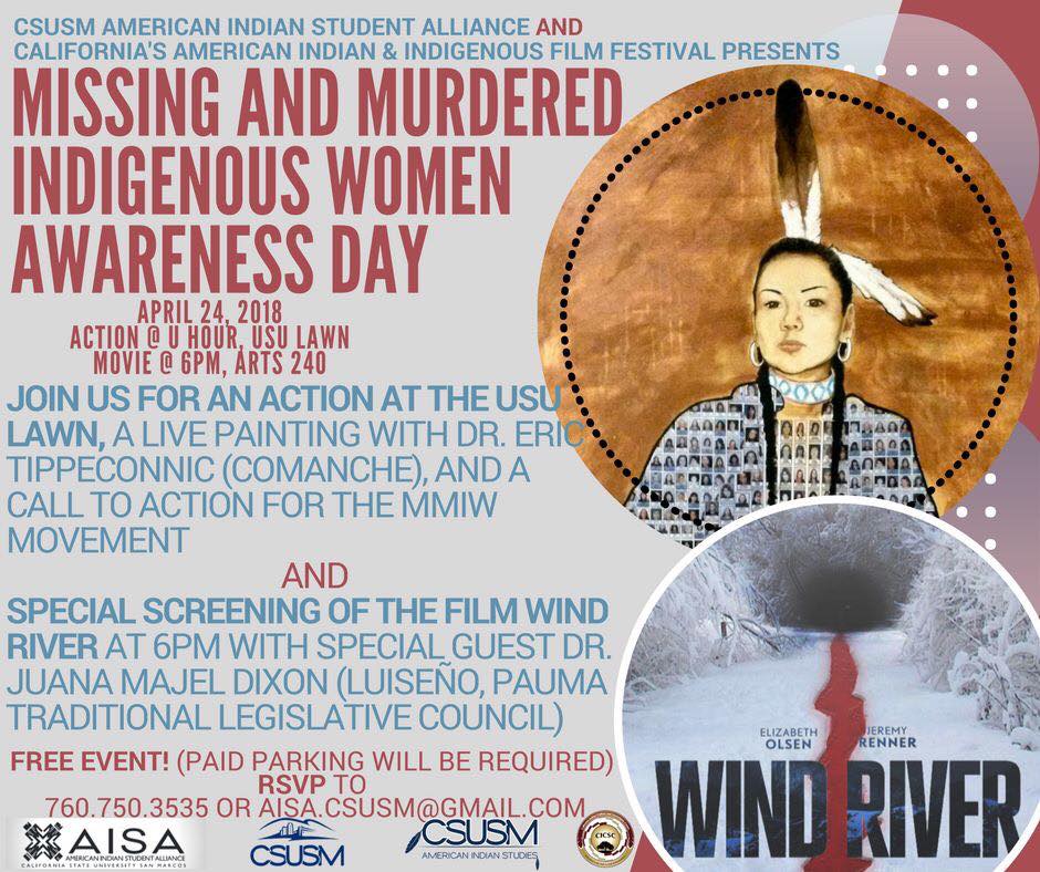 Event Flyer with information and two images in circles - one handpainted image of a Native American woman in traditional dress, and one image of the Wind River movie poster starring Elizabeth Olsen and Jeremy Renner