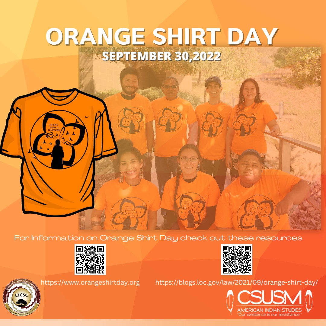 Orange Shirt Day graphic with an image of AI/AN students wearing their orange shirts together, an illustrated graphic of the orange shirt, and QR codes with more information