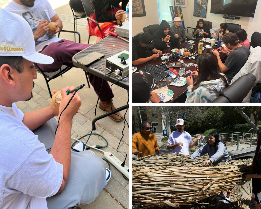 Collage of photos depicting students woodburning decorations on gourds, beading as they sit around a conference table, and building a tule boat.