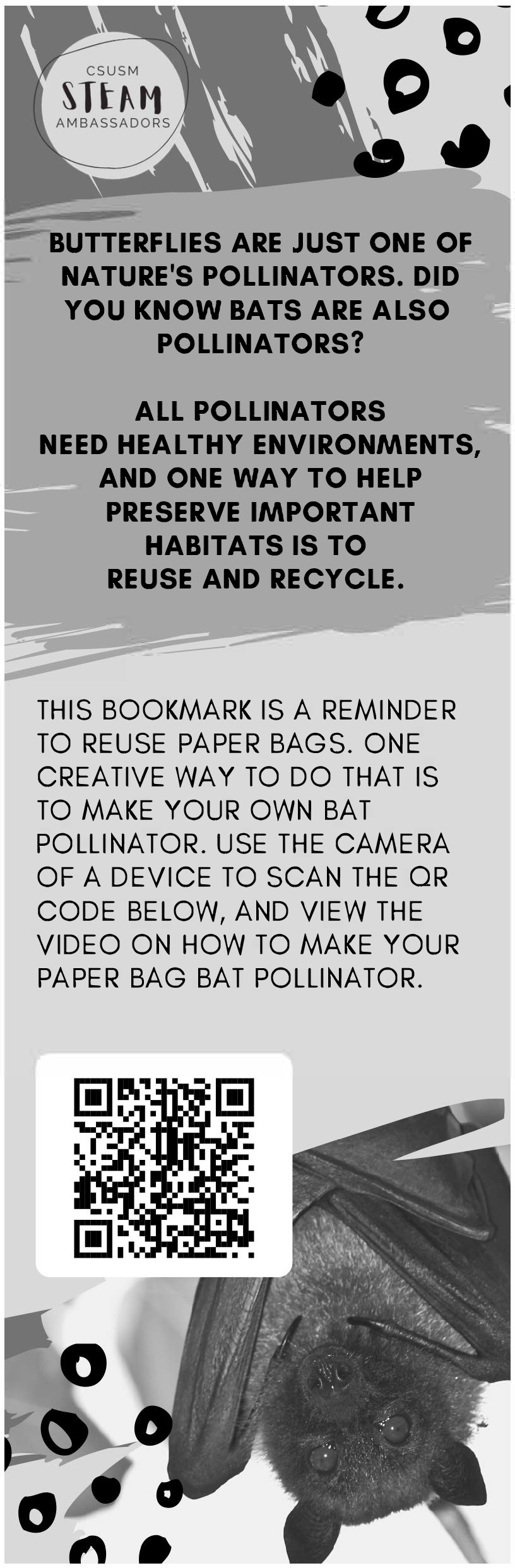 pollinator bat bookmark with QR code