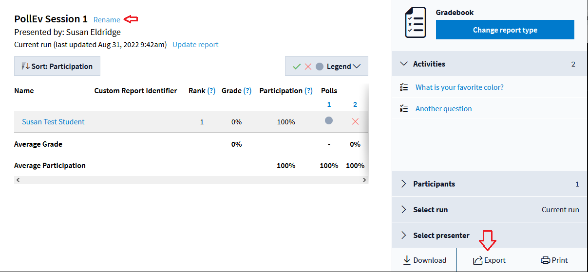 rename report in upper left and export report in lower right