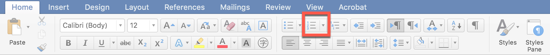 number icon on toolbar in Word