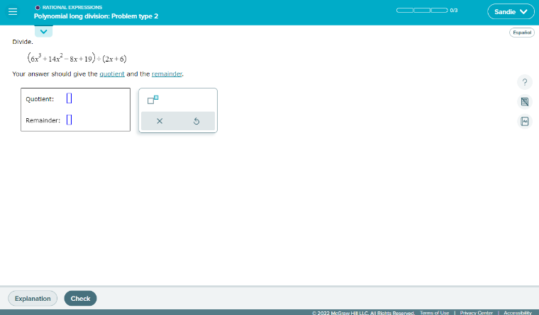 Screenshot of example polynomial long division problem from ALEKS PPL Prep for Calculus learning module.