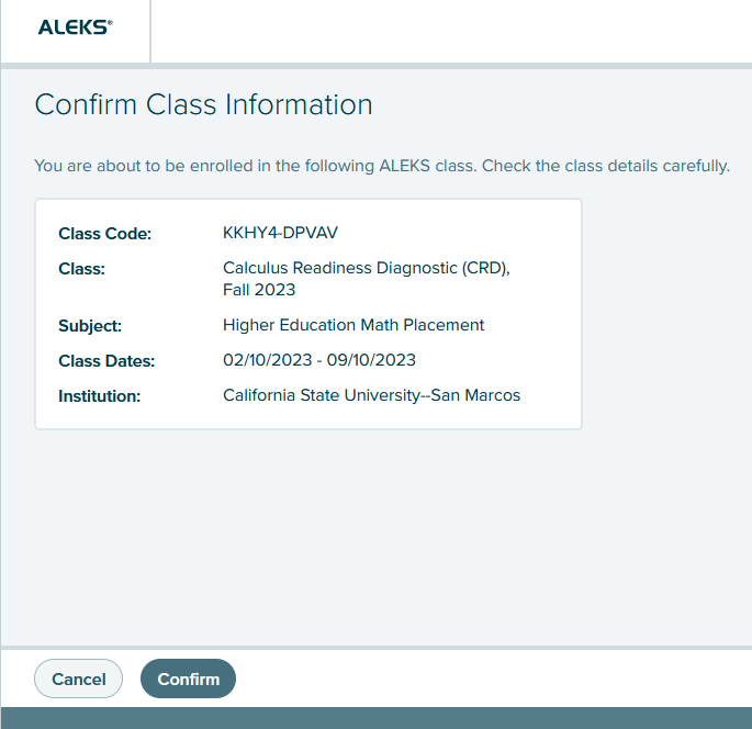 Screenshot of Class Confirmation screen when initially registering for ALEKS PPL.